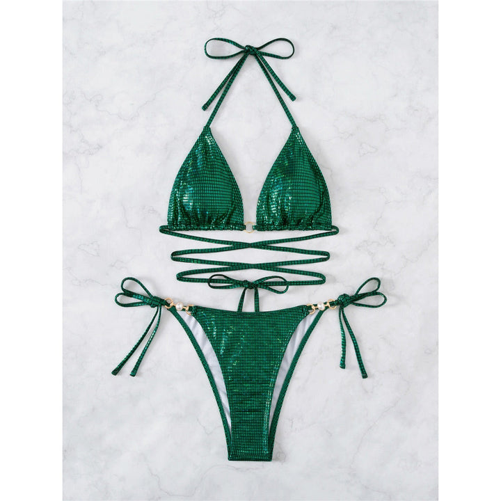 Zielony błyszczący bikini | Seksowne paski Met