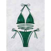 Zielony błyszczący bikini | Seksowne paski Met