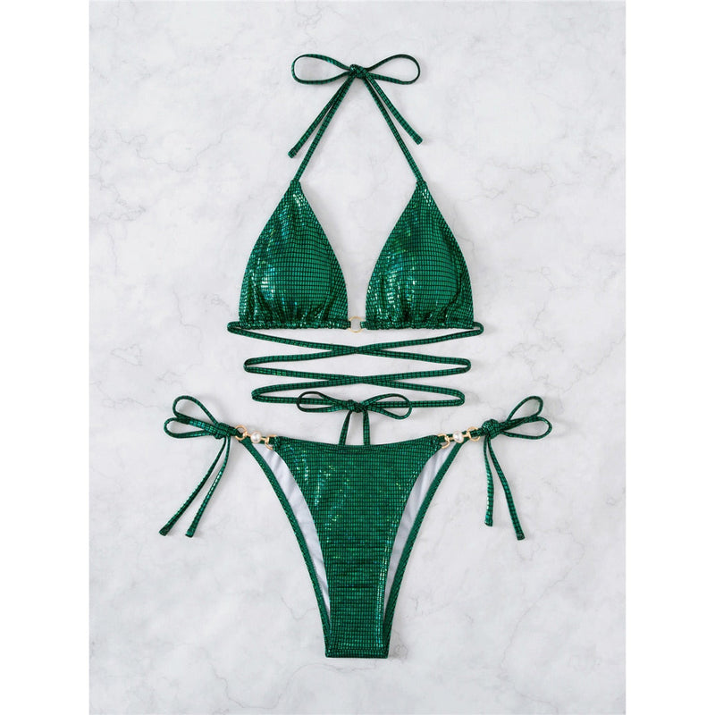 Zielony błyszczący bikini | Seksowne paski Met