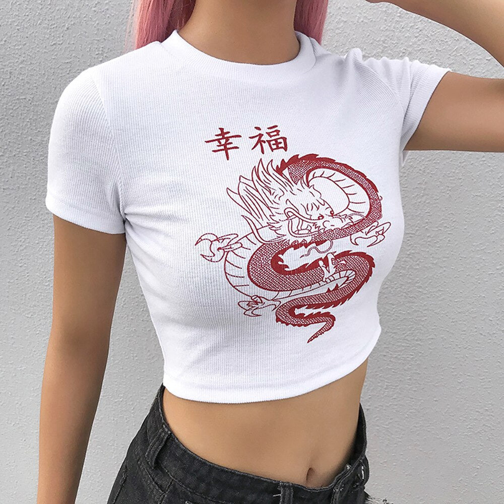 Celie Croptop koszulka | Met retro smok design