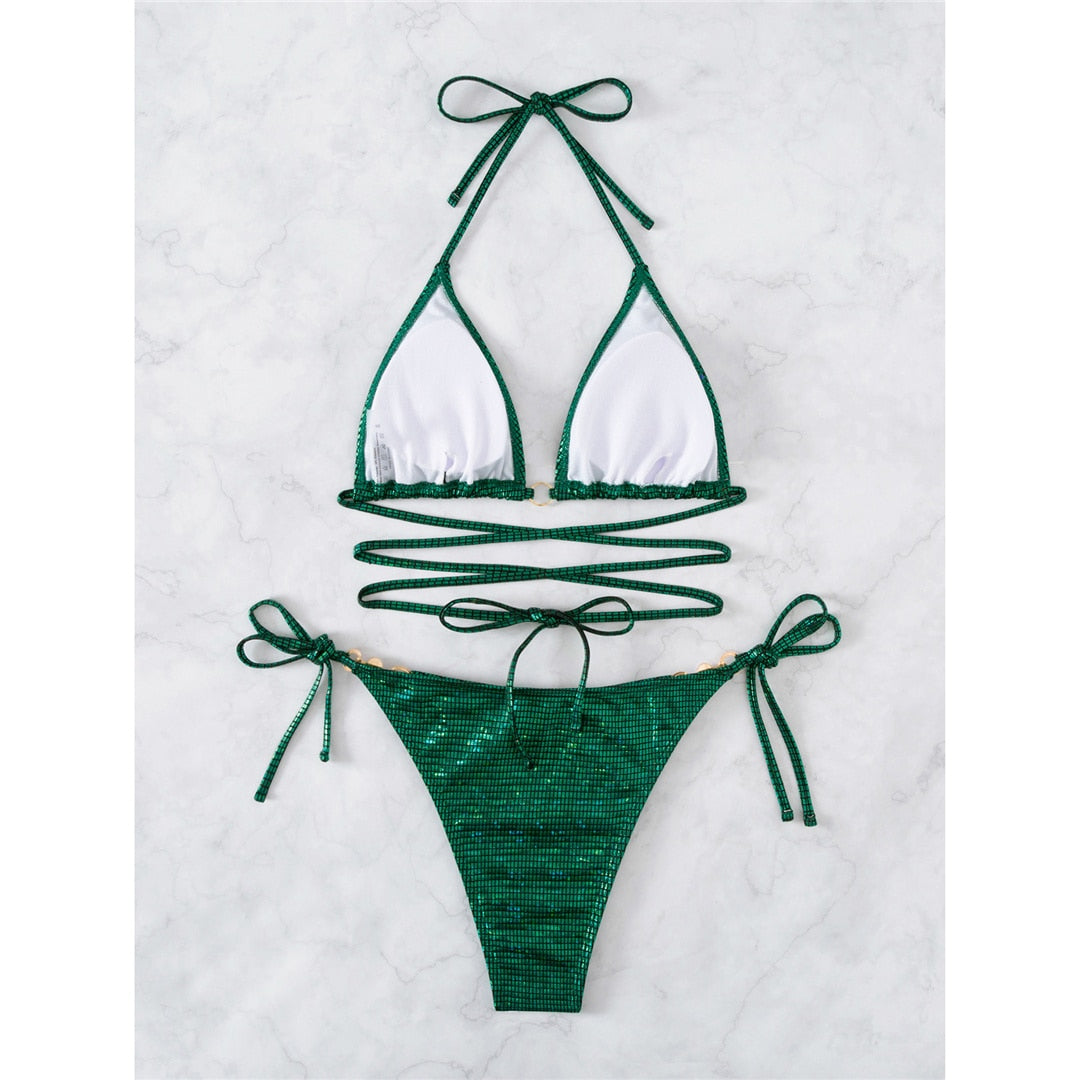 Zielony błyszczący bikini | Seksowne paski Met