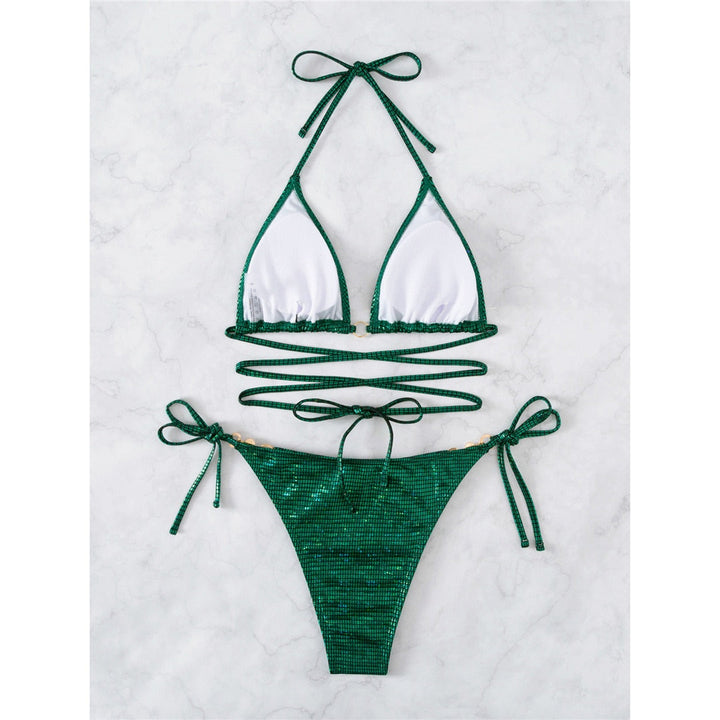 Zielony błyszczący bikini | Seksowne paski Met