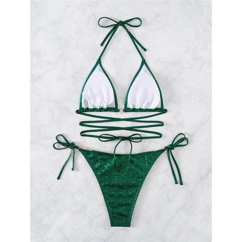Zielony błyszczący bikini | Seksowne paski Met