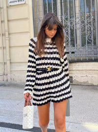 ZACK RAIN Women Black and White Striped Cutout Knit Crew Neck Pullover 2022 Fall/Winter Ladies Vintage Sweater Loose Female Tops