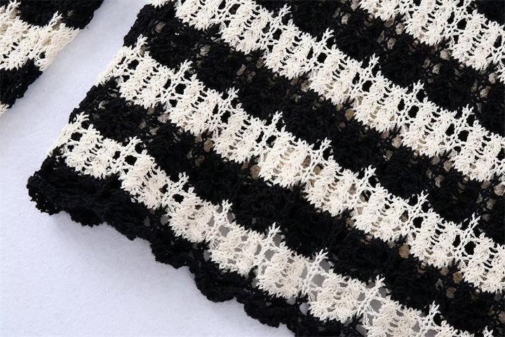 ZACK RAIN Women Black and White Striped Cutout Knit Crew Neck Pullover 2022 Fall/Winter Ladies Vintage Sweater Loose Female Tops