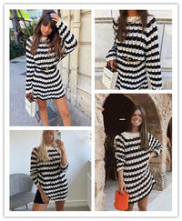 ZACK RAIN Women Black and White Striped Cutout Knit Crew Neck Pullover 2022 Fall/Winter Ladies Vintage Sweater Loose Female Tops
