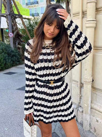 ZACK RAIN Women Black and White Striped Cutout Knit Crew Neck Pullover 2022 Fall/Winter Ladies Vintage Sweater Loose Female Tops