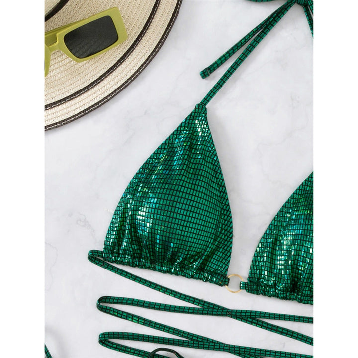Zielony błyszczący bikini | Seksowne paski Met