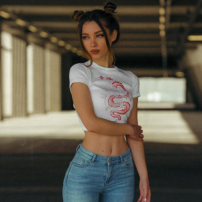 Celie Croptop koszulka | Met retro smok design