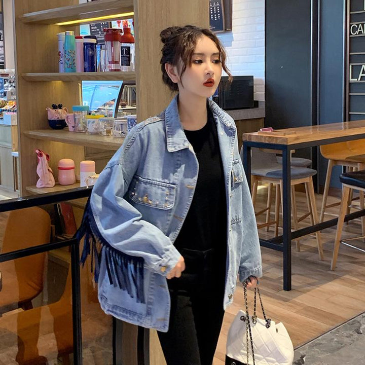 Boho Brooklynn kurtka dżinsowa | Unikalna kurtka z kwiatowym nadrukiem i frędzlami
