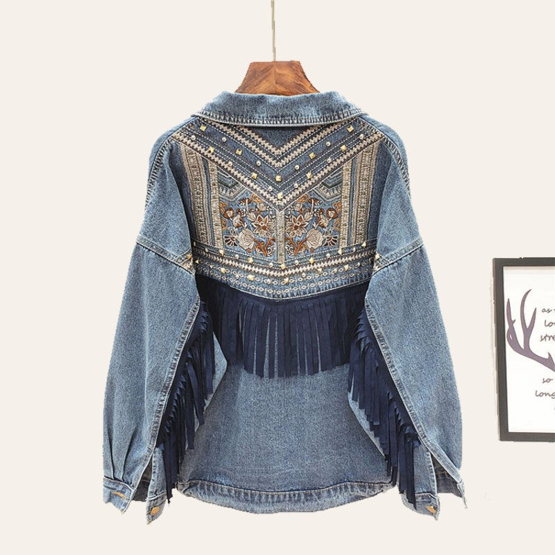 Boho Brooklynn kurtka dżinsowa | Unikalna kurtka z kwiatowym nadrukiem i frędzlami